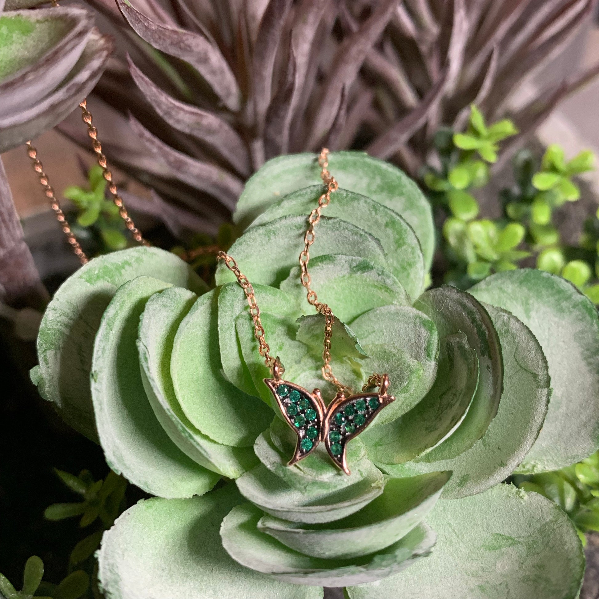 Rose Gold Vermeil Butterfly Necklace with Emerald Stones 