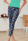 Colorful Floral Dinosaur Print Soft Navy Blue Kids Leggings