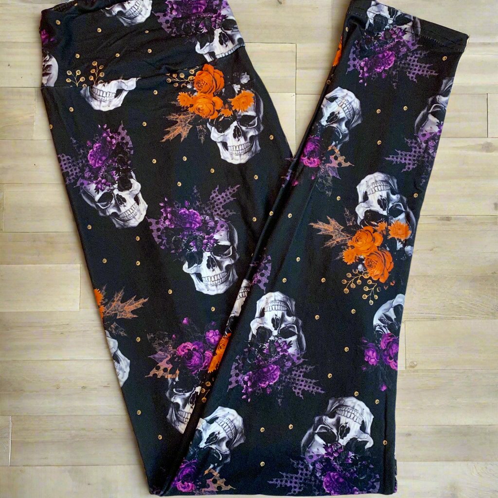 Orange Purple Roses Halloween Skull Print Leggings