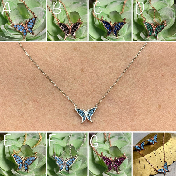Micro Butterfly Necklace & Earring .925 Gold Plated CZ – 7 Colors – 16