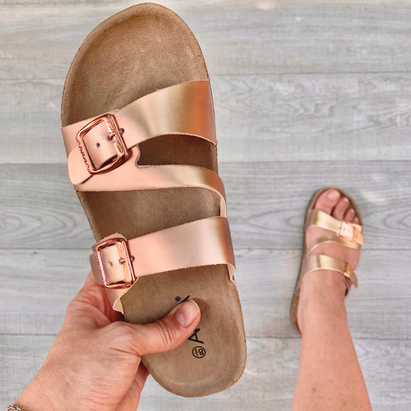 Rose Gold Triple-Strap Footbed Sandal