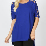 Crisscross Lattice Shoulder Half Sleeve Side Split Hi - Low Hem Oversized Top