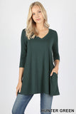 3/4 Sleeve V-Neck Round Hem Top With Pockets