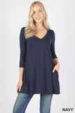 3/4 Sleeve V-Neck Round Hem Top With Pockets