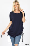Tie Up Ruched Side Dolman Short Sleeve Round Neck Jersey Tee