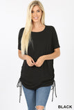 Tie Up Ruched Side Dolman Short Sleeve Round Neck Jersey Tee