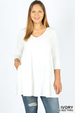 3/4 Sleeve V-Neck Round Hem Top With Pockets