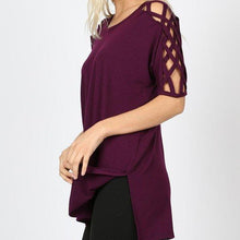 Criss Cross Lattice Shoulder Half Sleeve Side Split Hi - Low Hem Oversized Top