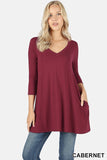 3/4 Sleeve V-Neck Round Hem Top With Pockets