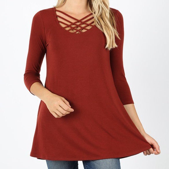 Women's Strappy Scoop Neck 3/4 Sleeve Flowy Top
