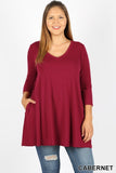 3/4 Sleeve V-Neck Round Hem Top With Pockets