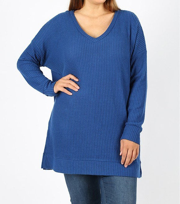 Super Soft Thermal Brushed Waffle V-Neck Sweater - Blue