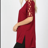 Crisscross Lattice Shoulder Half Sleeve Side Split Hi - Low Hem Oversized Top