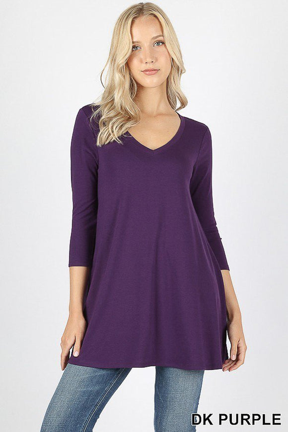 3/4 Sleeve V-Neck Round Hem Top With Pockets