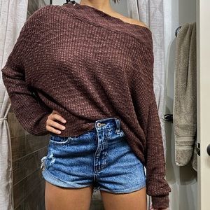 Wide Neck Long Sleeve Ribbed Knit Sweater