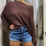 Wide Neck Long Sleeve Ribbed Knit Sweater