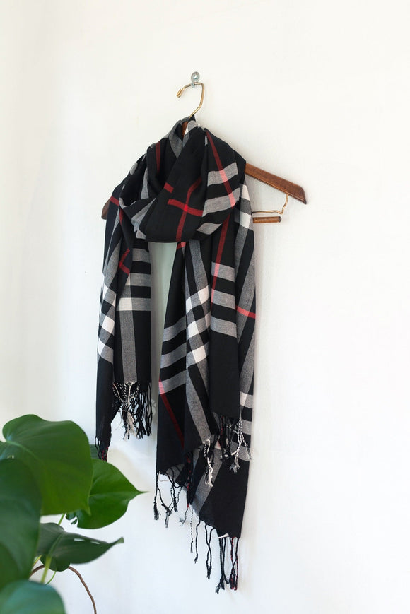Plaid Print Oblong Tassel Scarf