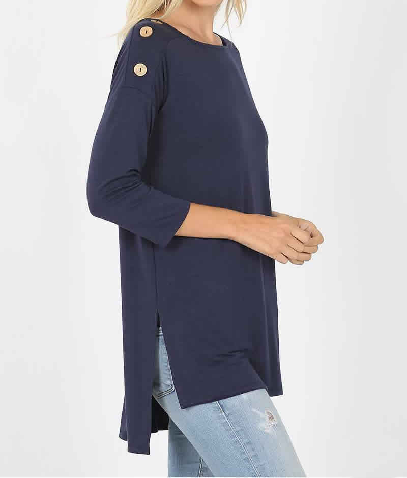3/4 Sleeve Button Accent Top - Navy