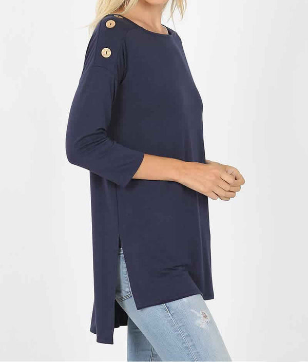 3/4 Sleeve Button Accent Top - Navy (35-19)