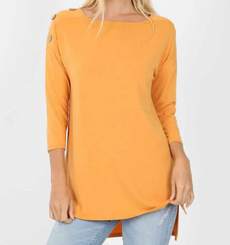 Mustard Yellow 3/4 Sleeve Boat Neck Top With Button Accent Detail