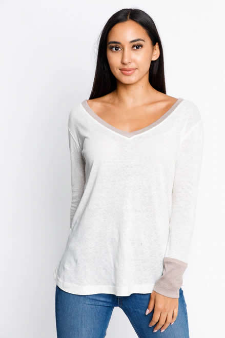 White V-Neck Trimmed Long Sleeve Top
