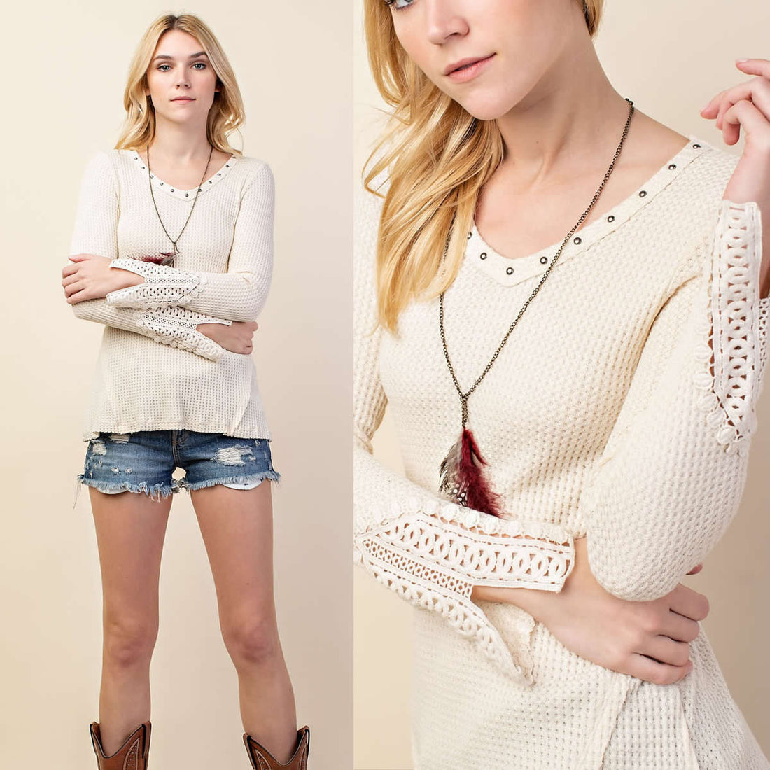 Vocal Crochet Brushed Waffle Studded Top