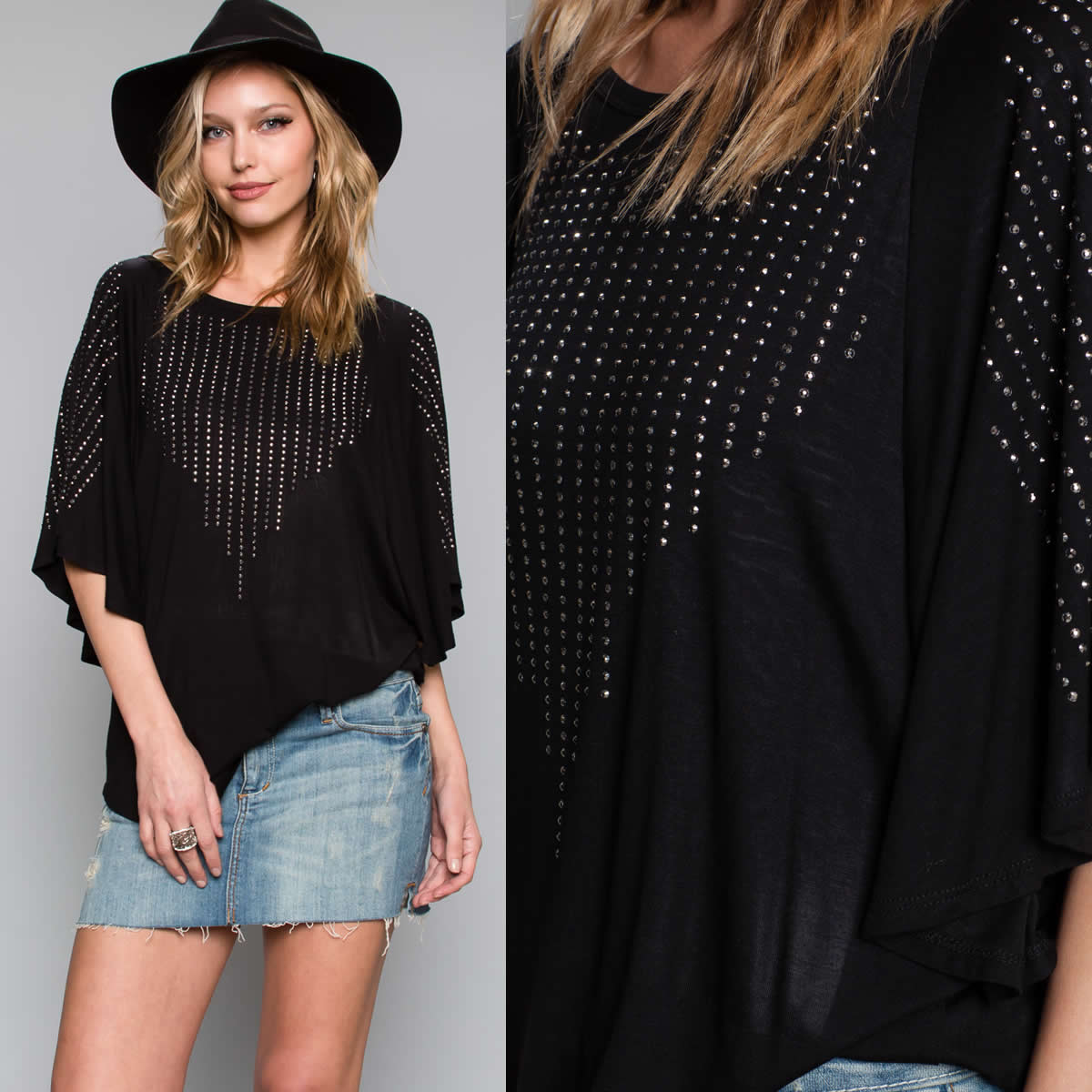 Vocal Studded Waterfall Sleeve Top